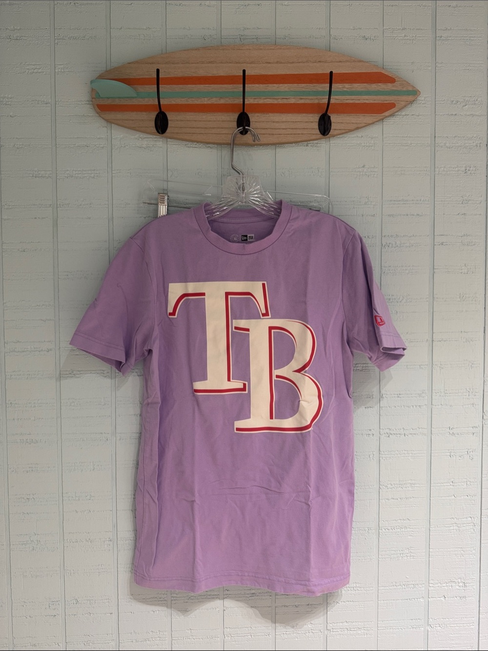 New Era Lavender Tee with White and Red Tampa Bay Rays Logo